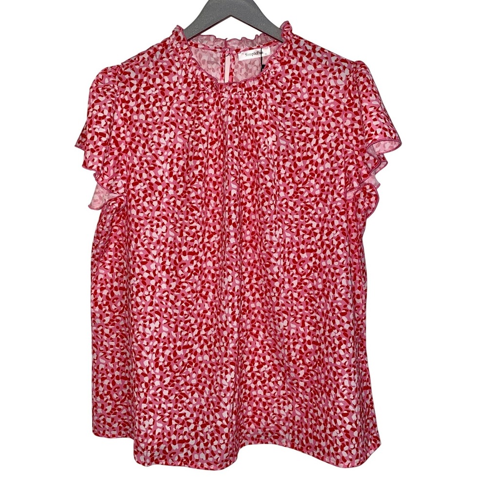 Simple Fun Pink Red Printed Ruffle Flutter Short Sleeve Top Mock Neck Sz XL‎ NWT
